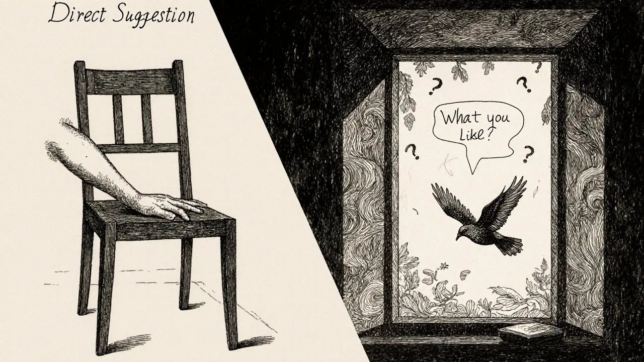 Dvě části: tuhá židle s příkazem a okno s ptákem ve vzléttu, symbolizující přímou a nepřímou hypnózu.