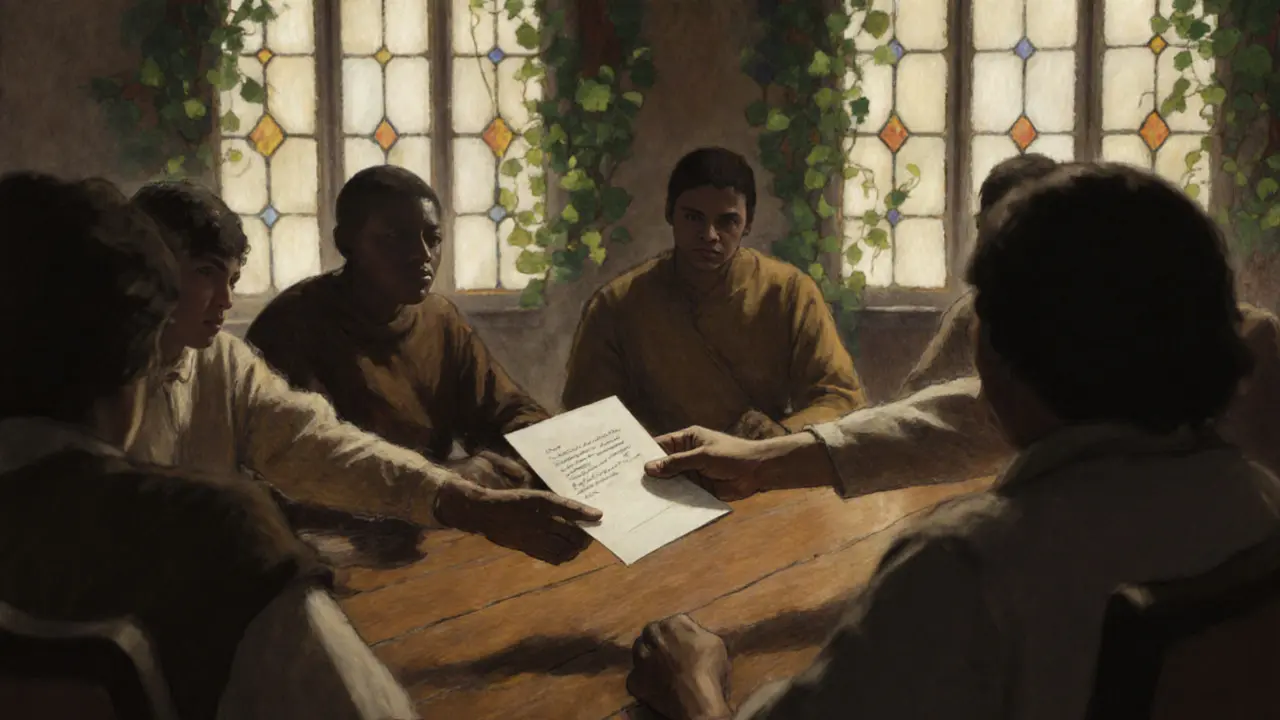 Dvě ruce si předávají list papíru v kruhu lidí, kteří jsou jemně zamlčeni.