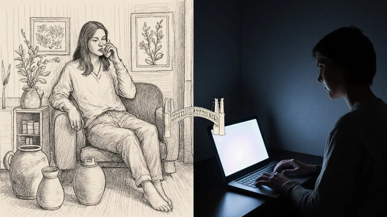 Dvě scény: jedna s telefonem a terapeutem, druhá s přerušeným připojením, spojené mostem.