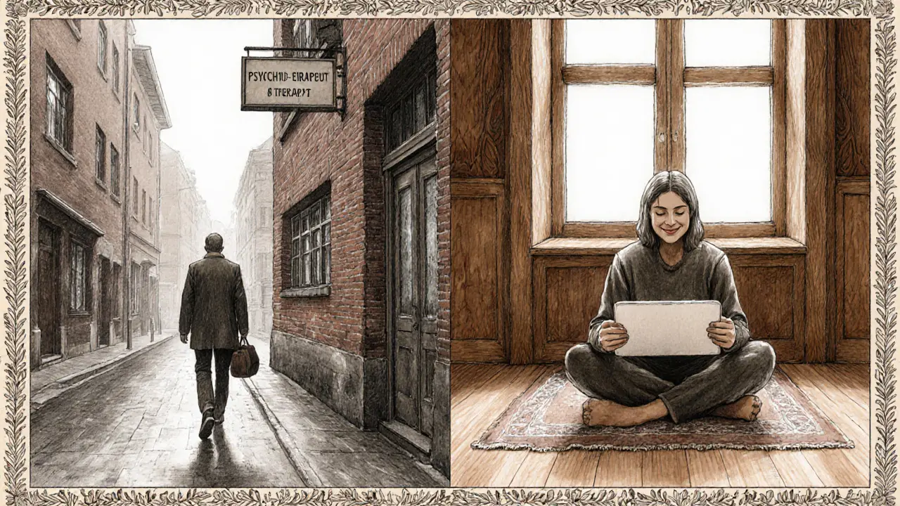 Dvě scény: jedna ukazuje cestu k terapeutovi, druhá osobní sezení doma přes obrazovku.