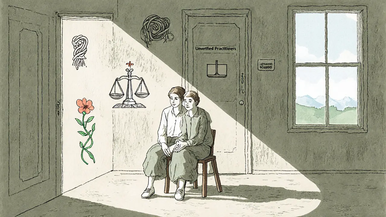 Klient a kvalifikovaný terapeut sedí spolu v klidné místnosti, symboly supervize a růstu je obklopují, za nimi zavřené dveře nekvalifikovaných.