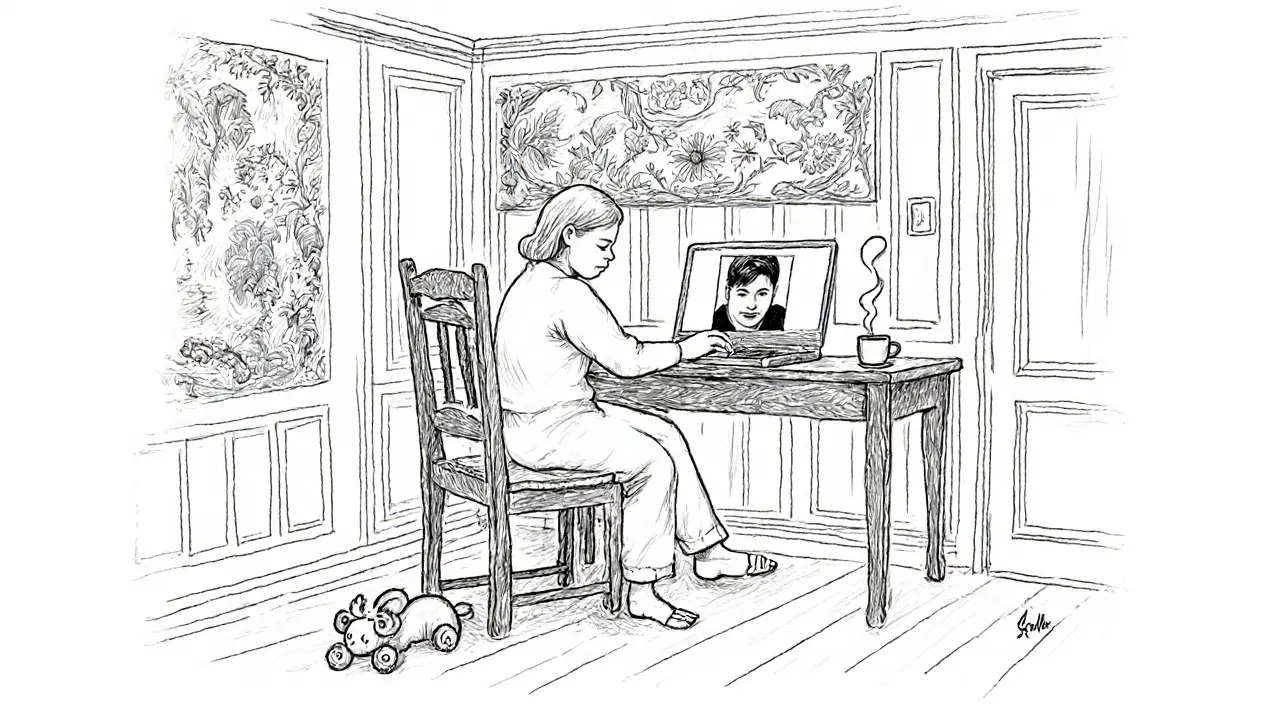 Klient v kuchyni sleduje terapeutku na laptopu, zatímco v pozadí vidět dětská hračka a káva.