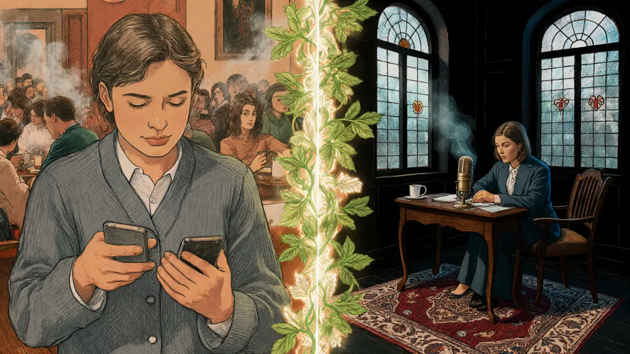 Klient v rušné kavárně proti terapeutovi v klidné kanceláři, mezi nimi dekorativní hranice z listů.