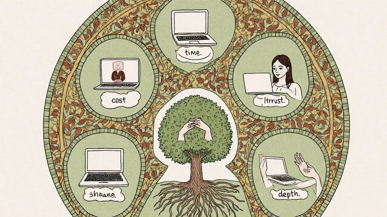 Kruhová ilustrace kombinující online a osobní terapii s přírodními motivy a symbolickými kořeny.