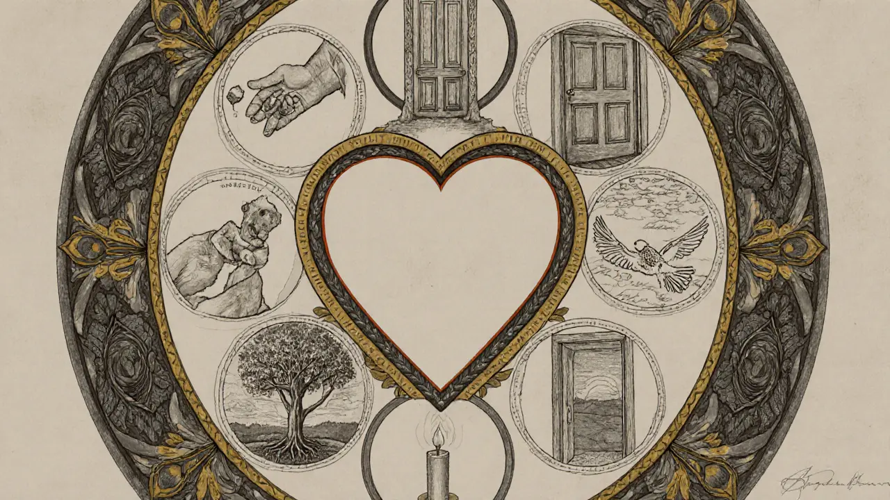 Kruhová kompozice znázorňuje cestu z dětského trauma k uzdravení, obklopená květinovými motivy v stylu Arts and Crafts.