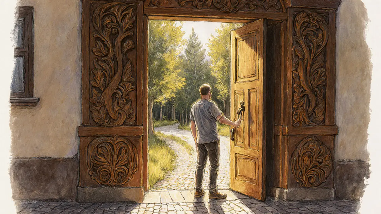 Muž na prahu dveří s rytými květinami, připravený vstoupit do terapie jako akt odvahy.