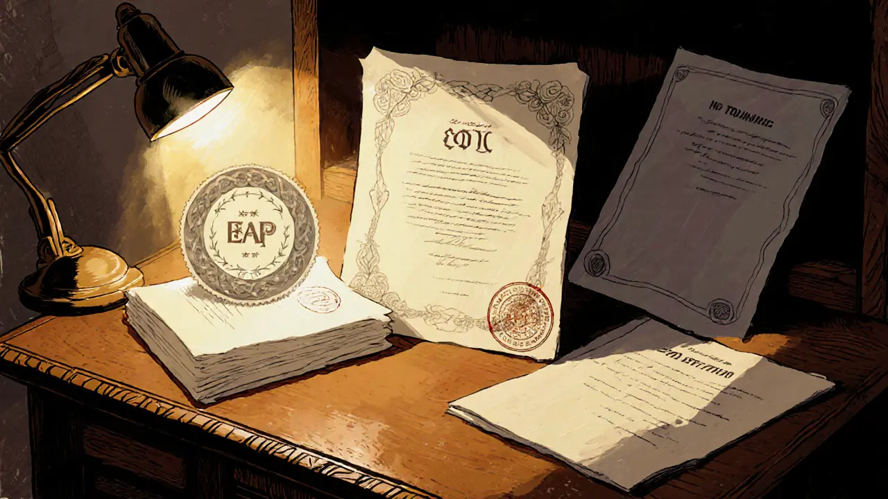 Na dřevěném stole jsou tři dokumenty: dva s oficiálními znaky, třetí prázdný; světlo osvětluje platné certifikáty.