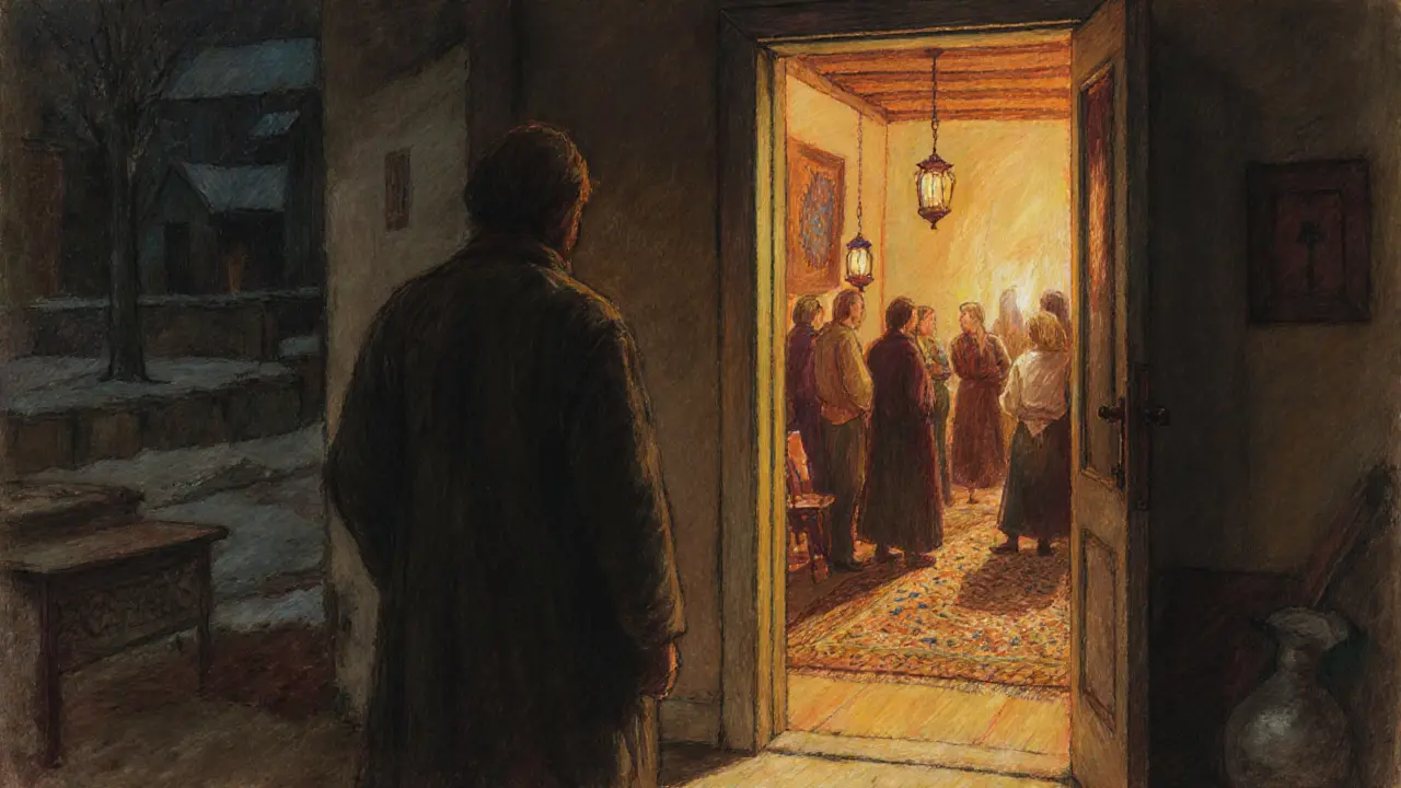 Osamělá osoba stojí u dveří, které vede do teplé místnosti s shromažďující skupinou.