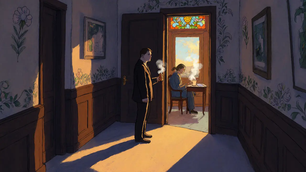 Osoba stojí u dveří terapeutické kanceláře ve večerním světle, terapeut čeká vnitř s čajem.