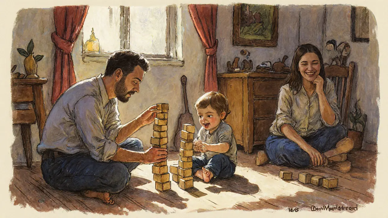 Otec a dítě hrají se dřevěnými kostkami, matka pozoruje z dálky, v místnosti jsou ručně vyrobené předměty a sluneční světlo.