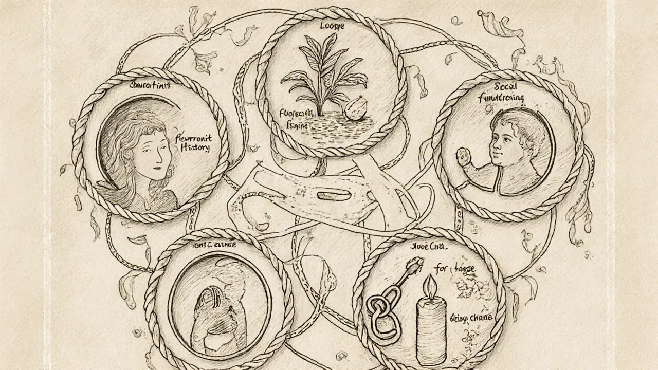 Pět propojených kruhů s symboly znázorňujících psychologické aspekty anamnézy, vytvořené ručně v duchu Arts and Crafts.