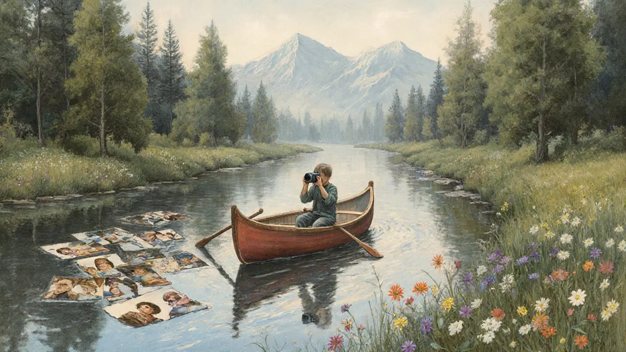 Postava v lodi pluje řekou, která odráží vzpomínky, drží fotoaparát, kolem květiny a mlha.