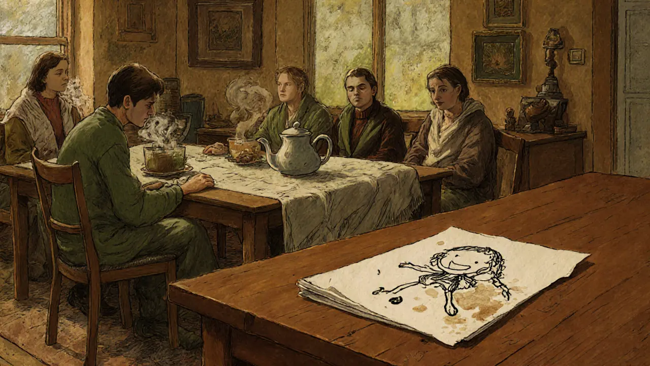 Rodina sedí kolem stolu, každý v jiném rohu, ale spojená společnou plaidou.