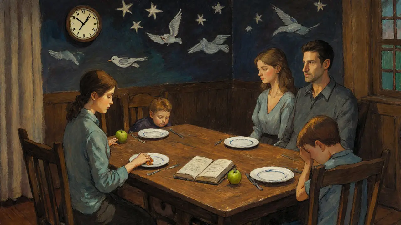 Rodina sedí u dřevěného stolu, děti nechávají jídlo, hodiny ukazují pozdní noc, na zdi jsou motivy spících ptáků.