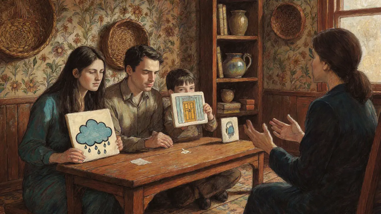 Rodina společně kreslí emoce na keramických dlaždicích v klidné místnosti.