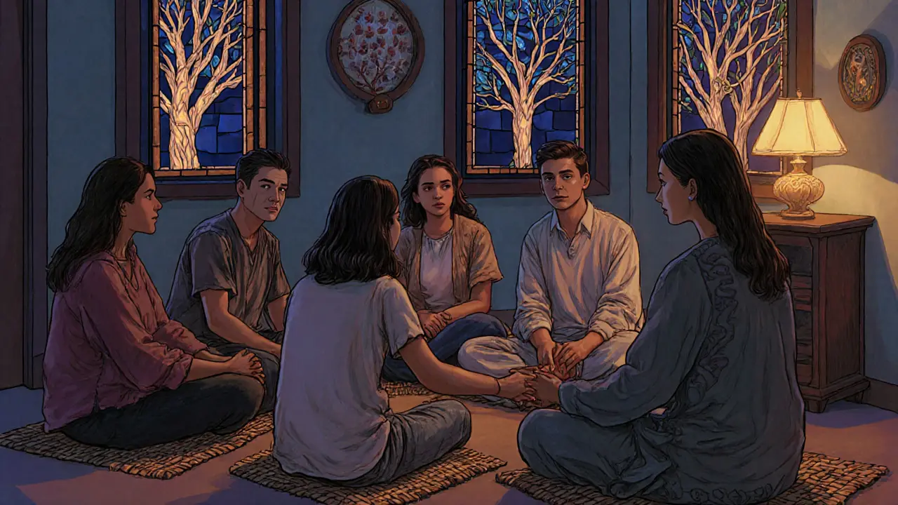 Rodina v kruhu v komunitním centru, ruce se dotýkají, konzultant poslouchá v klidu.