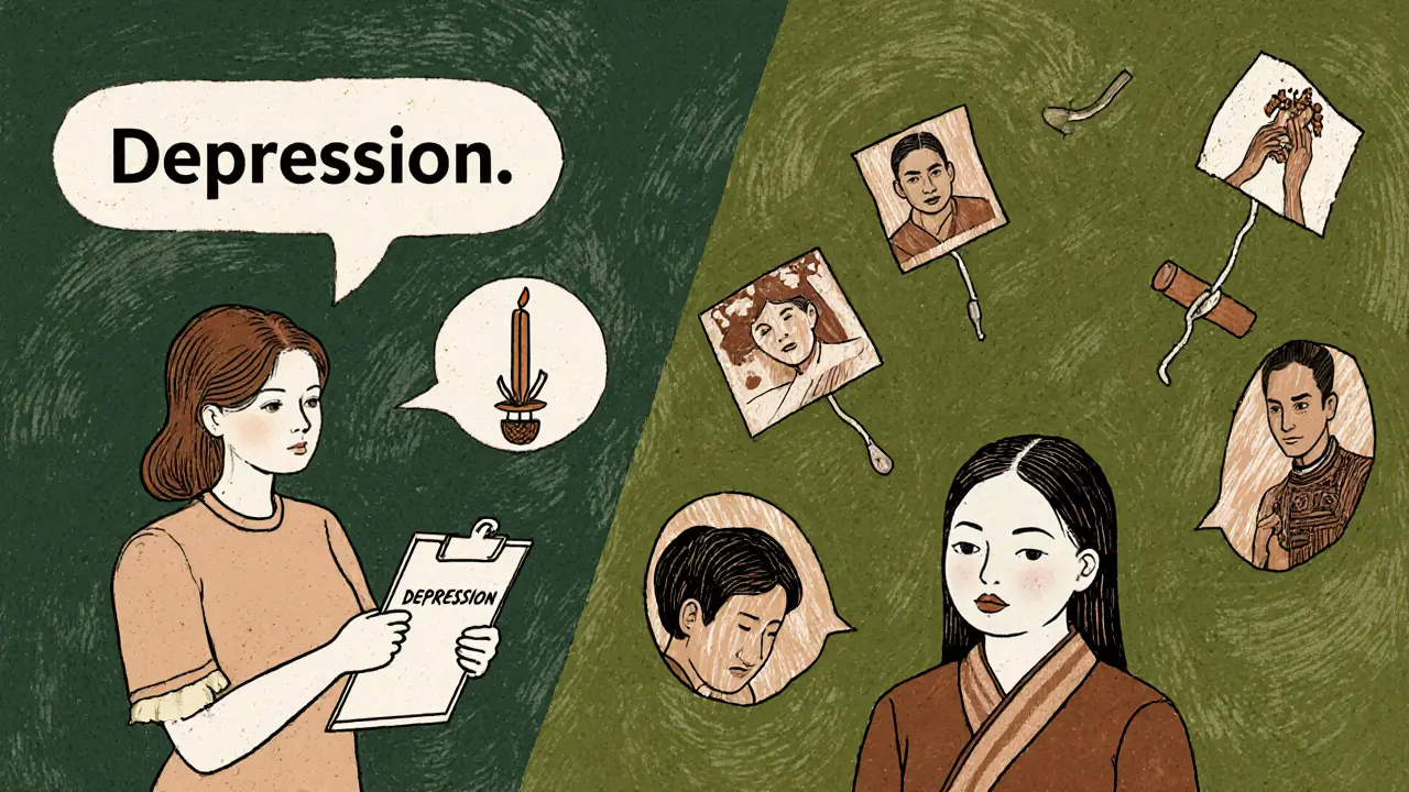 Rozdělený obraz: západní diagnostika proti kulturním symbolům emocionální bolesti.