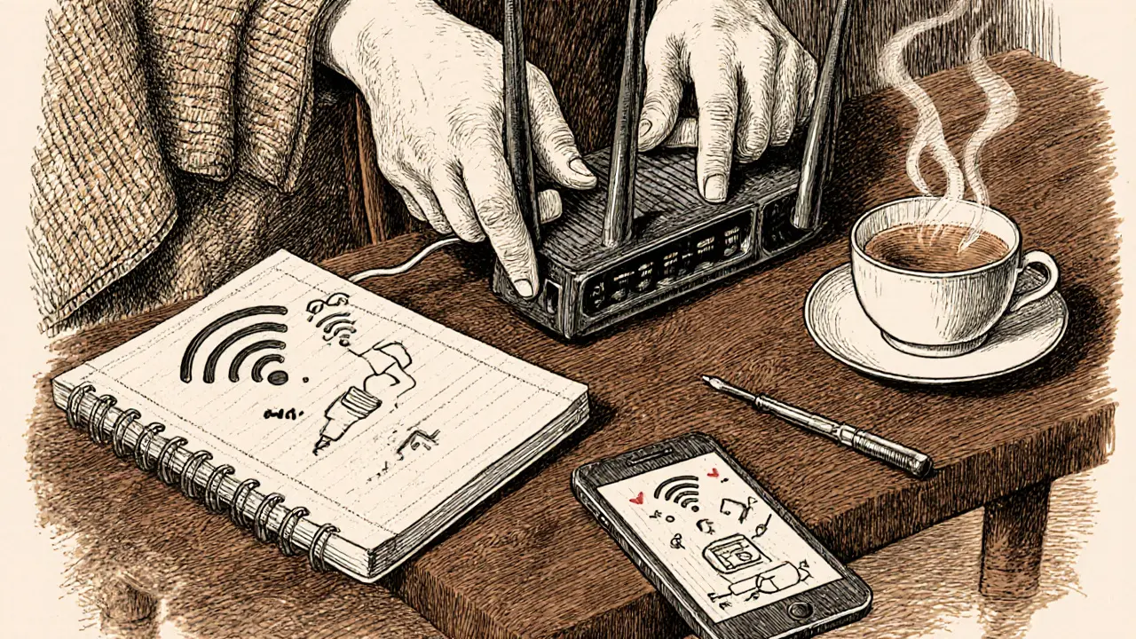 Ruce vypínají směrovač na dřevěném stole, vedle jsou nástroje a šálek čaje.