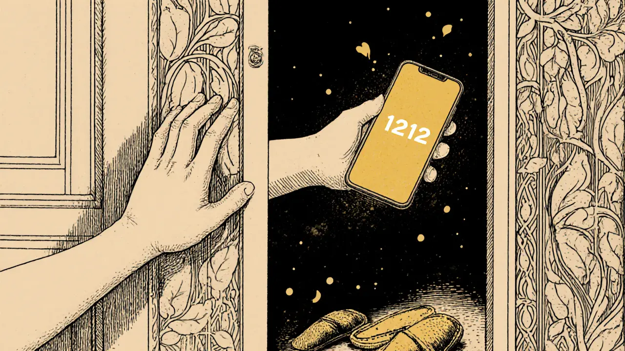 Ruka táhne k telefonu s číslem 1212, dveře jsou zdobené vínami, z telefonu vychází teplé světlo.