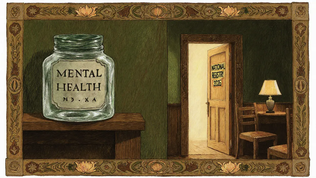 Skleněná nádoba s daty o duševním zdraví na polici s prázdnými židlemi a otevřenými dveřmi.