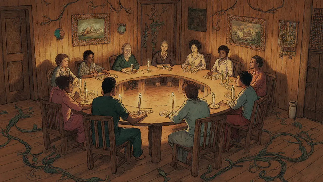 Skupina lidí v klidné místnosti, kteří se podporují, obklopena přírodními motivy.