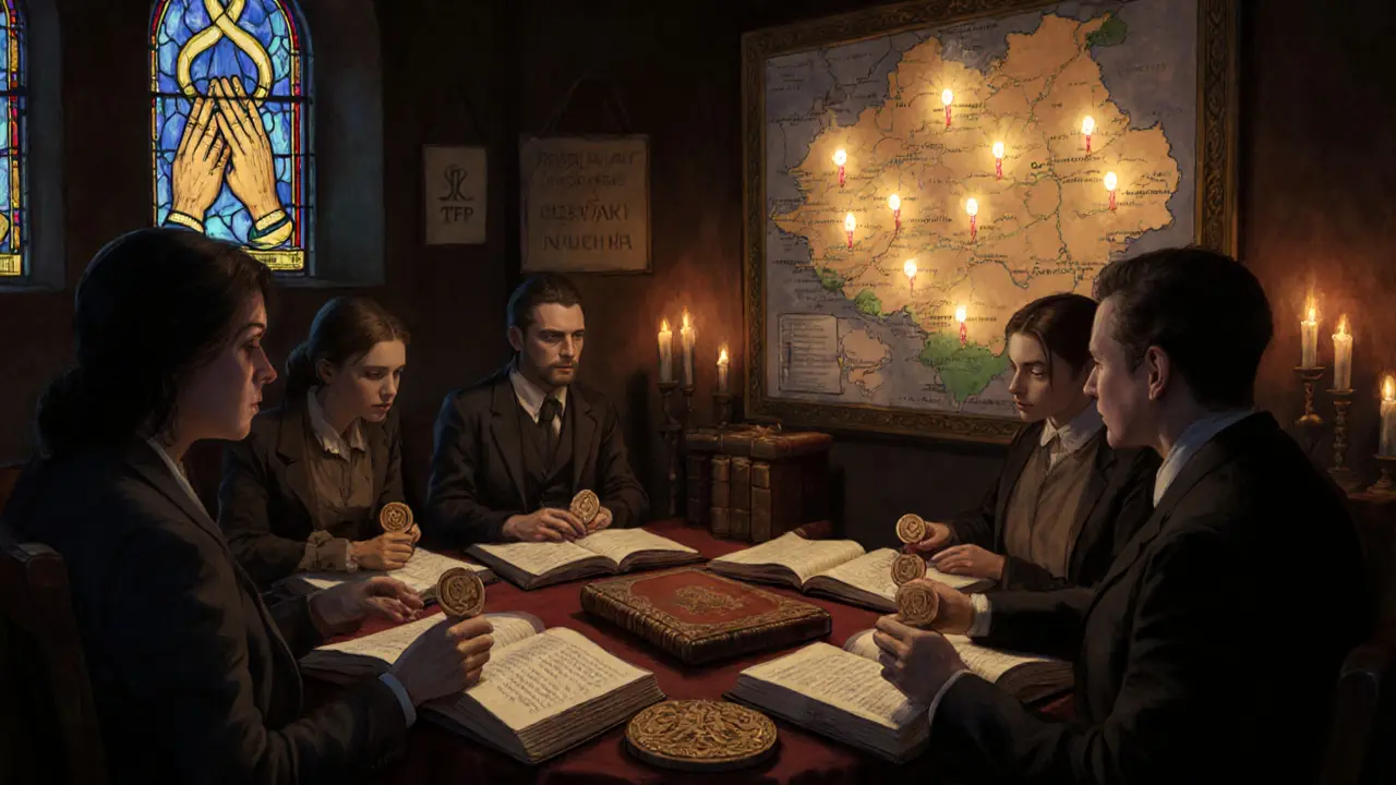 Skupina terapeutů v kruhu s dřevěnými symboly, mapa Česka s označenými místy TFP.