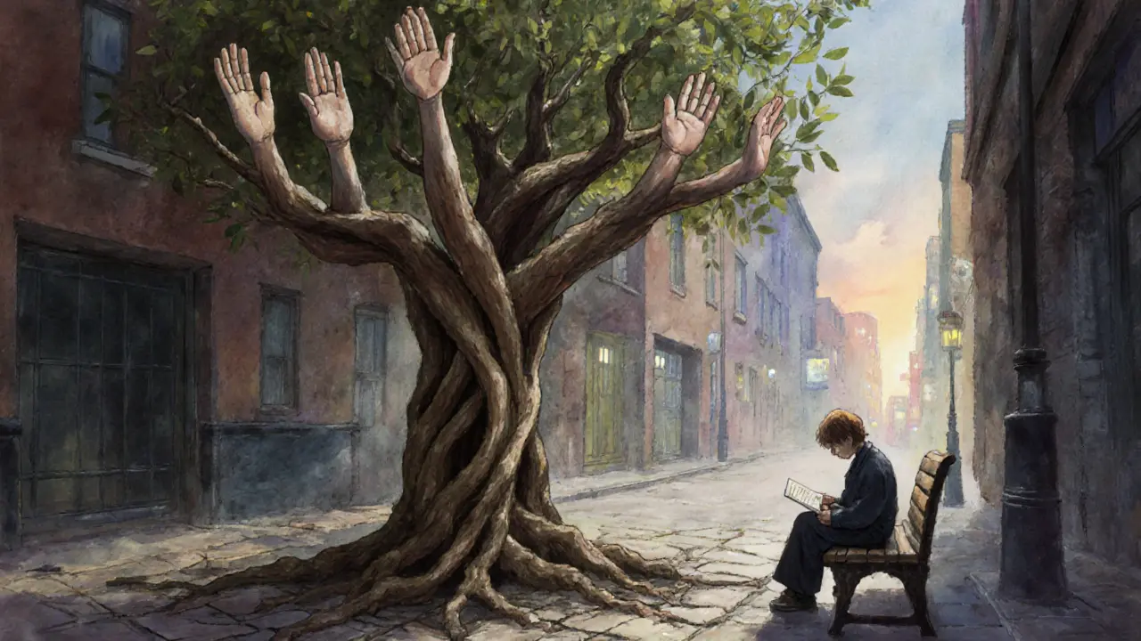Strom rostoucí z dlažby, kořeny tvoří ruce, osoba sedí pod ním s dopisem.