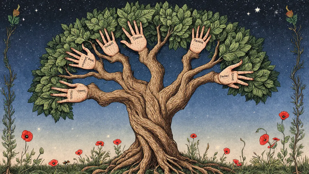 Strom s kořeny a větvemi představujícími podporu v léčbě závislosti, v českém dekorativním stylu.