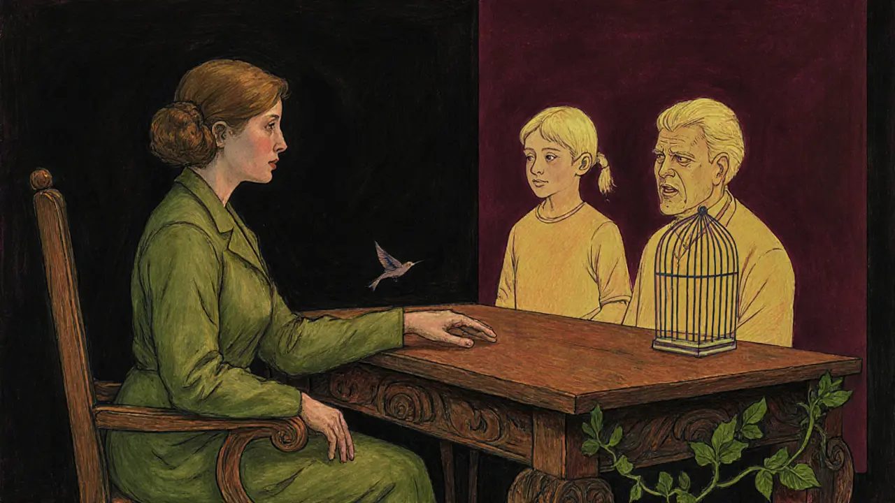 Terapeut a klient sedí u stolu, jejich vztah znázorňují tři přechodné režimy v podobě průhledných obrazů.