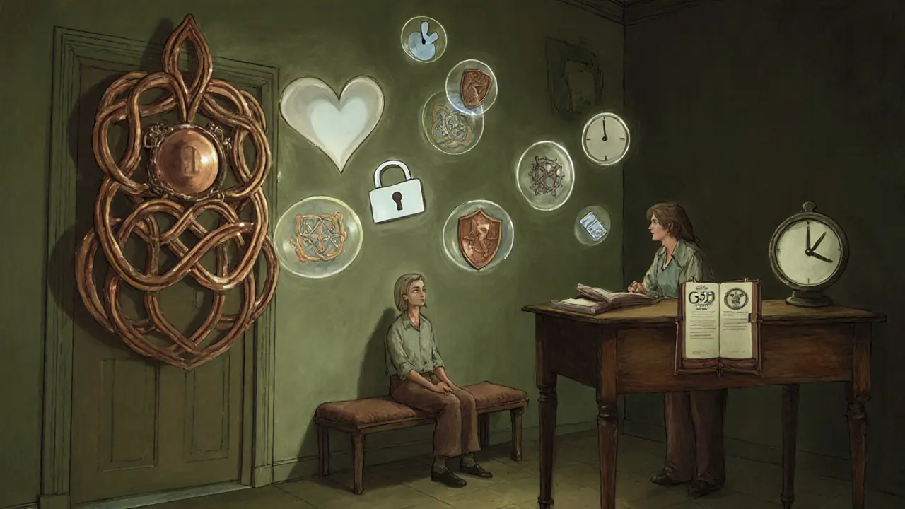 Terapeut a klient spojeni kovovým motivem v podobě uzlu, s symboly bezpečí a důvěrnosti kolem nich.