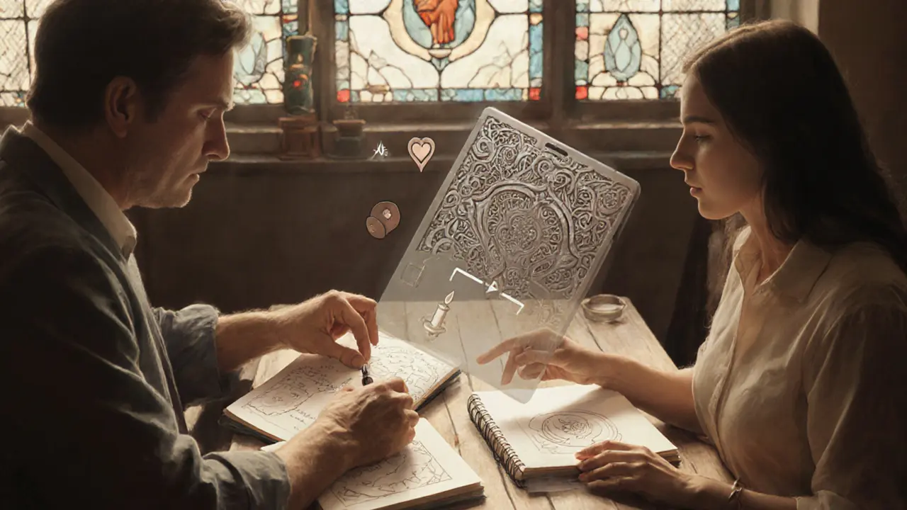 Terapeut a pacient společně analyzují ručně vykreslený deník s jemným digitálním překryvem v podobě kovového ornamentu.