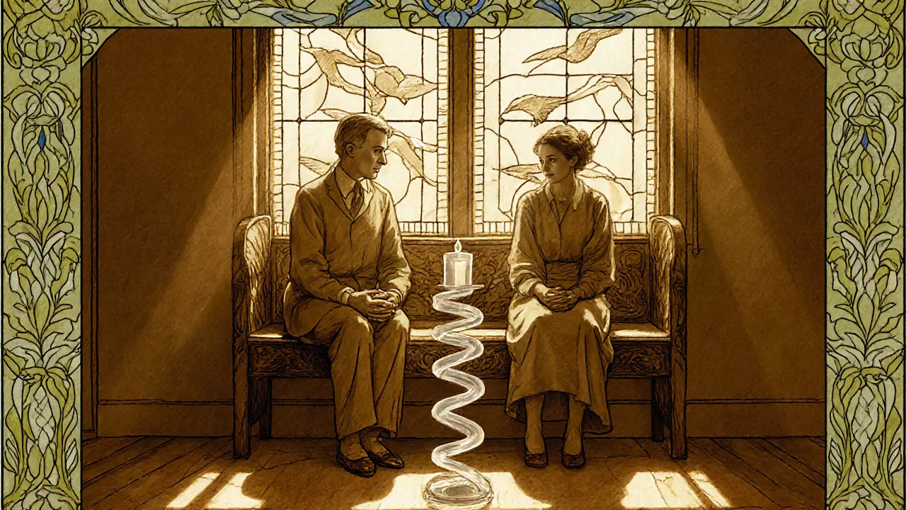 Terapeut a pacientka sedí na dřevěném lavičce, mezi nimi se vznáší průhledná spirála symbolizující uvolnění.