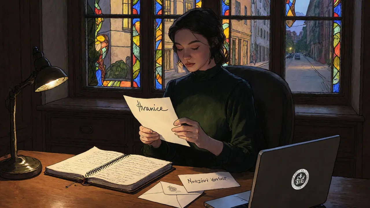 Terapeut drží list s poznámkami o hranicích, v místnosti s vitrážemi a dřevěnou nábytkem.