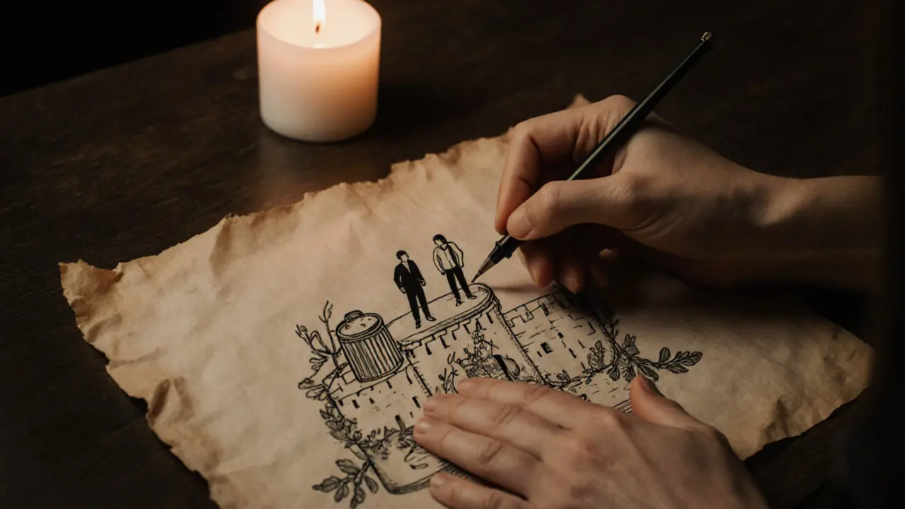 Terapeut kreslí na papíře malou scénu s postavičkami na umyvadle a koši, obklopenou přírodními motivy.