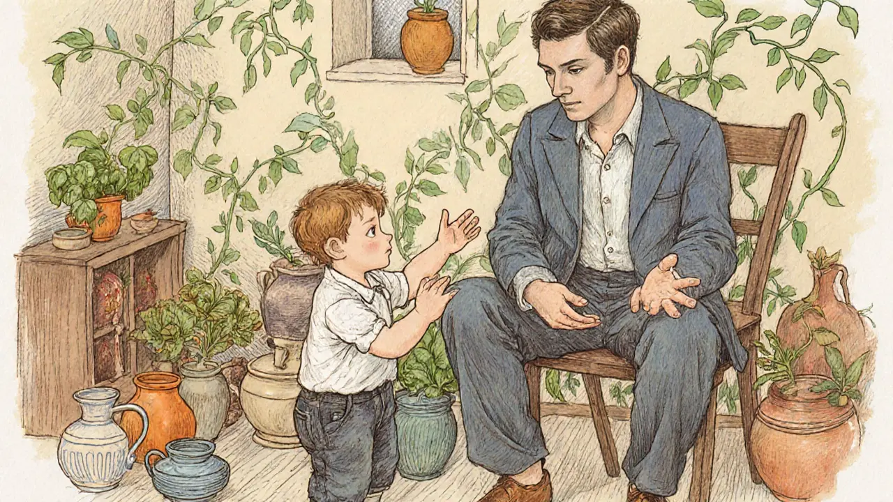 Terapeut, otec a dítě v klidné místnosti, dítě se pomalu dotýká otce, na stěnách jsou rukou kreslené liány.