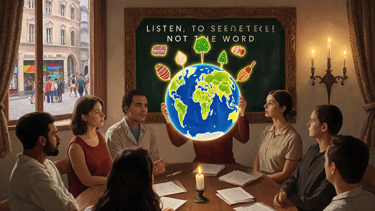 Terapeuti na školení sledují mapu kulturních symbolů, symbolizující pochopení rozdílů.