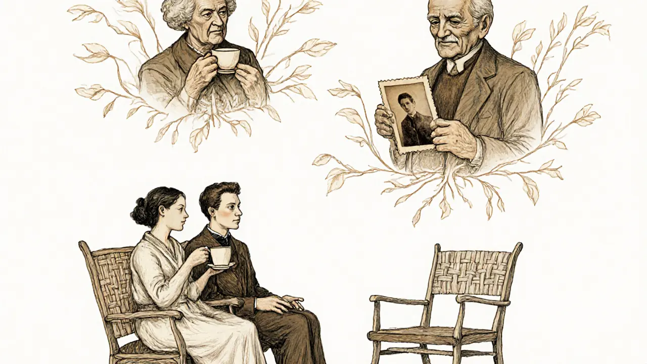 Terapeutické sezení s prázdným židli, nad níž se objevují průhledné obrazy prarodičů jako symbol jejich emocionálního vlivu.