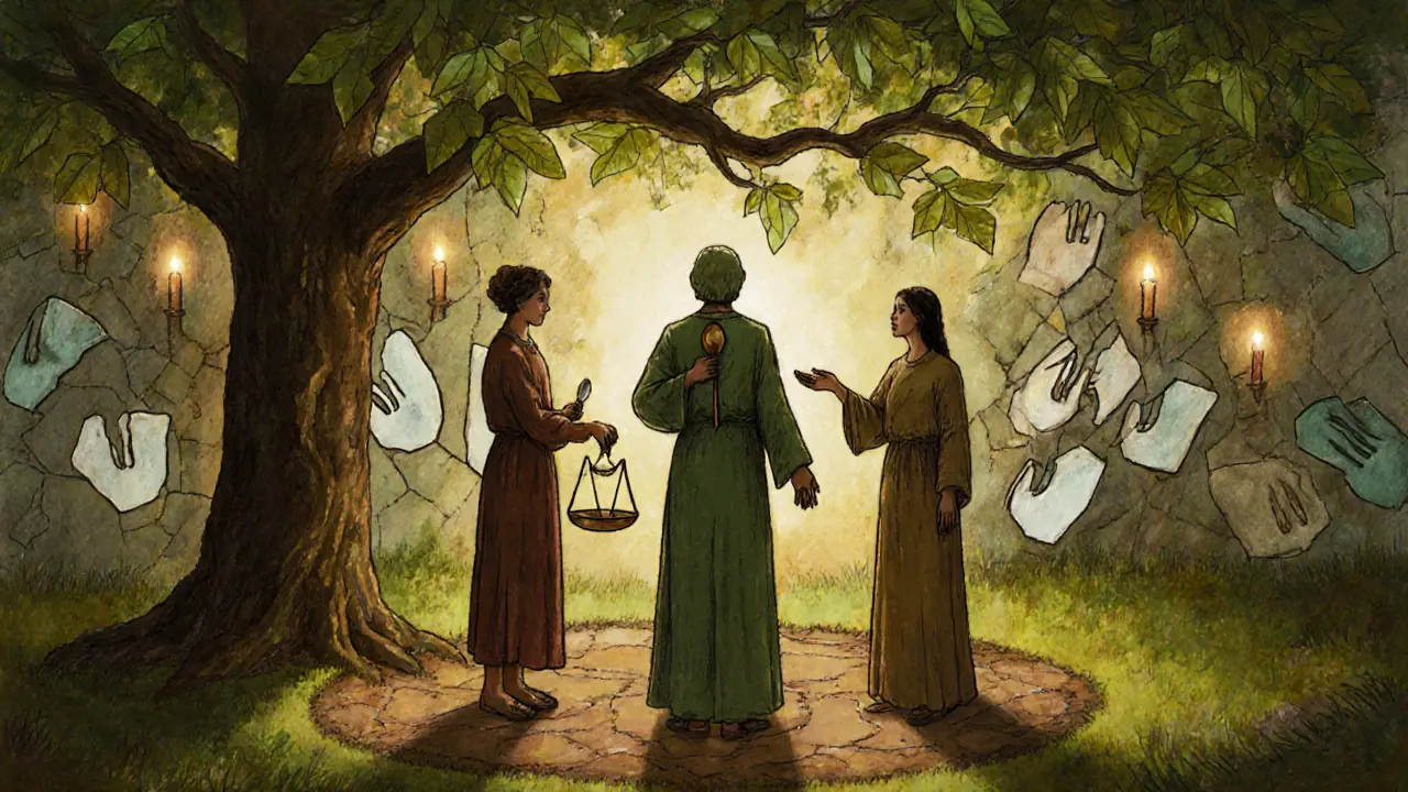 Tři postavy stojí pod stromem s listy ve tvaru rukou, jedna drží váhu, druhá lžíci, třetí nabízí otevřenou dlaně.