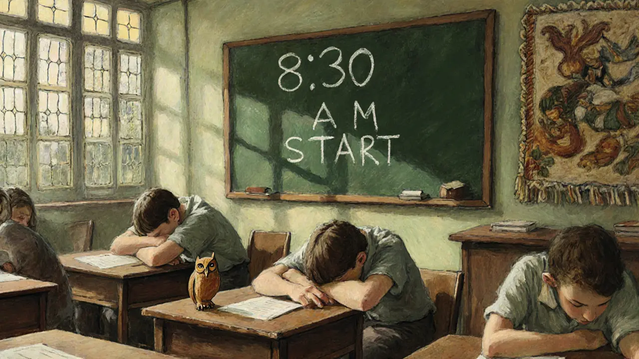 Žáci spí na lavicích ve třídě, slunce svítí skrze vitráž, na tabuli je napsáno &#039;8:30 AM START&#039;, na stole je dřevěná soška sovy.