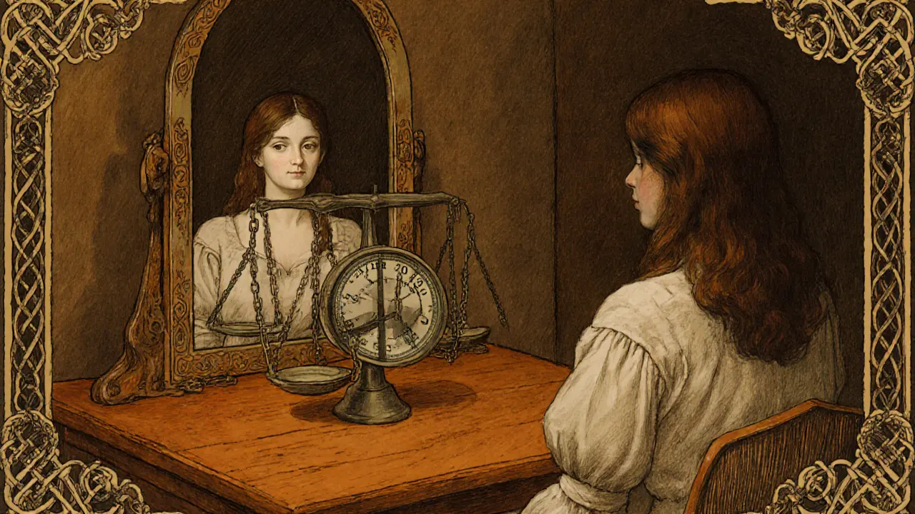 Žena sedí u stolu, její odraz v zrcadle ukazuje váhu a řetězy, její vlastní obraz je rozmazaný.