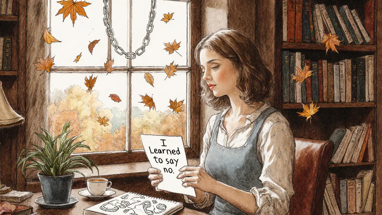 Žena u okna s dopisem &#039;Naučila jsem se říkat ne&#039;, symbolizující osvobození od očekávání.