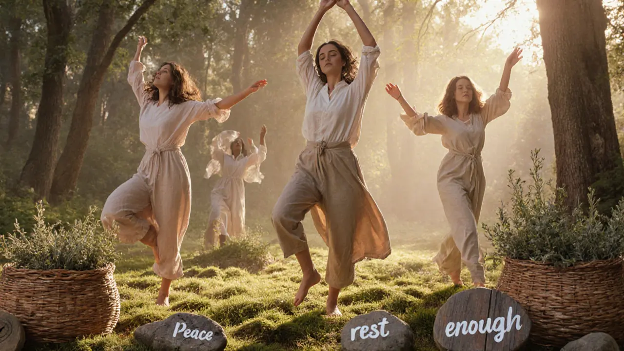 Ženy se pohybují v lese v klidných, přirozených pozicích, kolem nich jsou rukou vytvořené symboly klidu a přijetí.