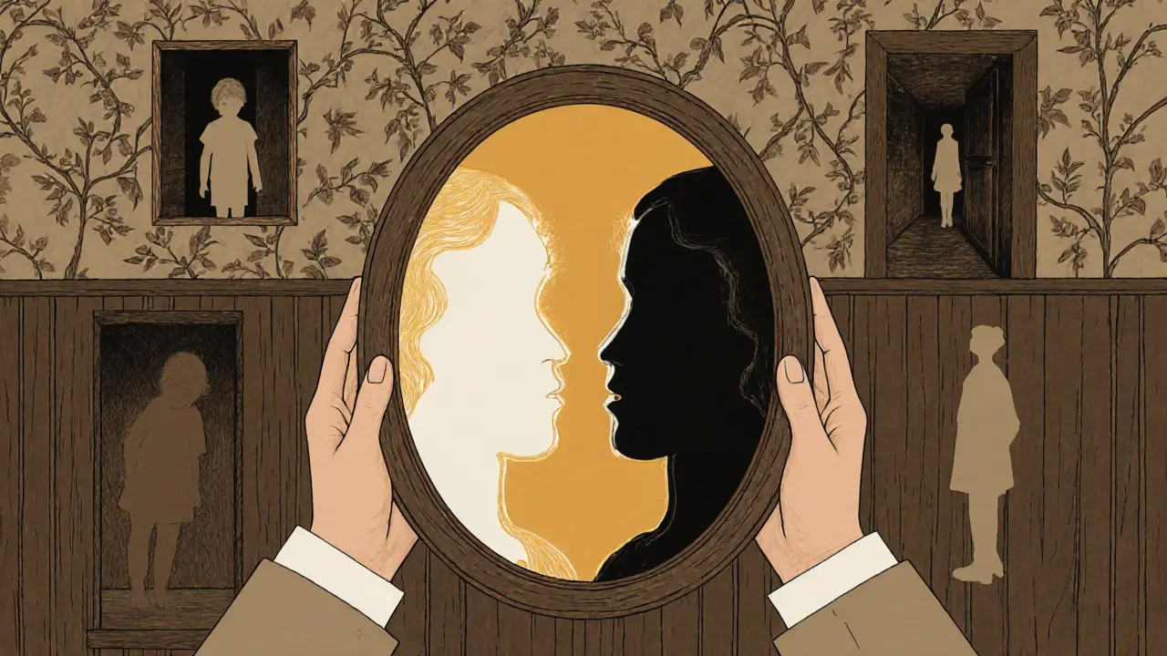 Zrcadlo odrazující dvě části já, terapeut je drží, za nimi stíny dětství.