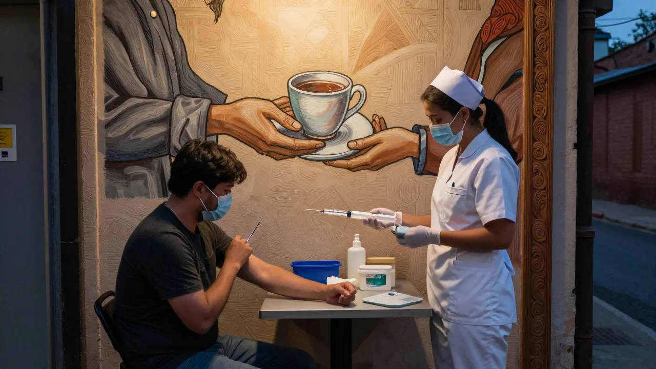 Bezpečné místo pro injekce s lékařkou a nástroji, obklopené mírným výtiskem přírodních motivů.