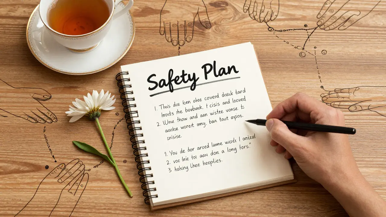 Bezpečnostní plán na stole s květinou a šálkem, symbolizující naději a cestu k uzdravení.