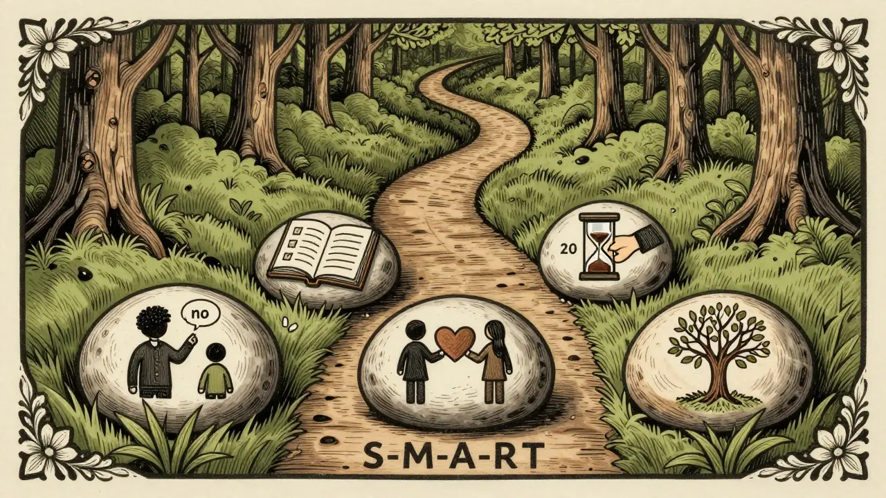 Cesta lesem s kameny označenými S-M-A-R-T, každý s malou scénou změny.