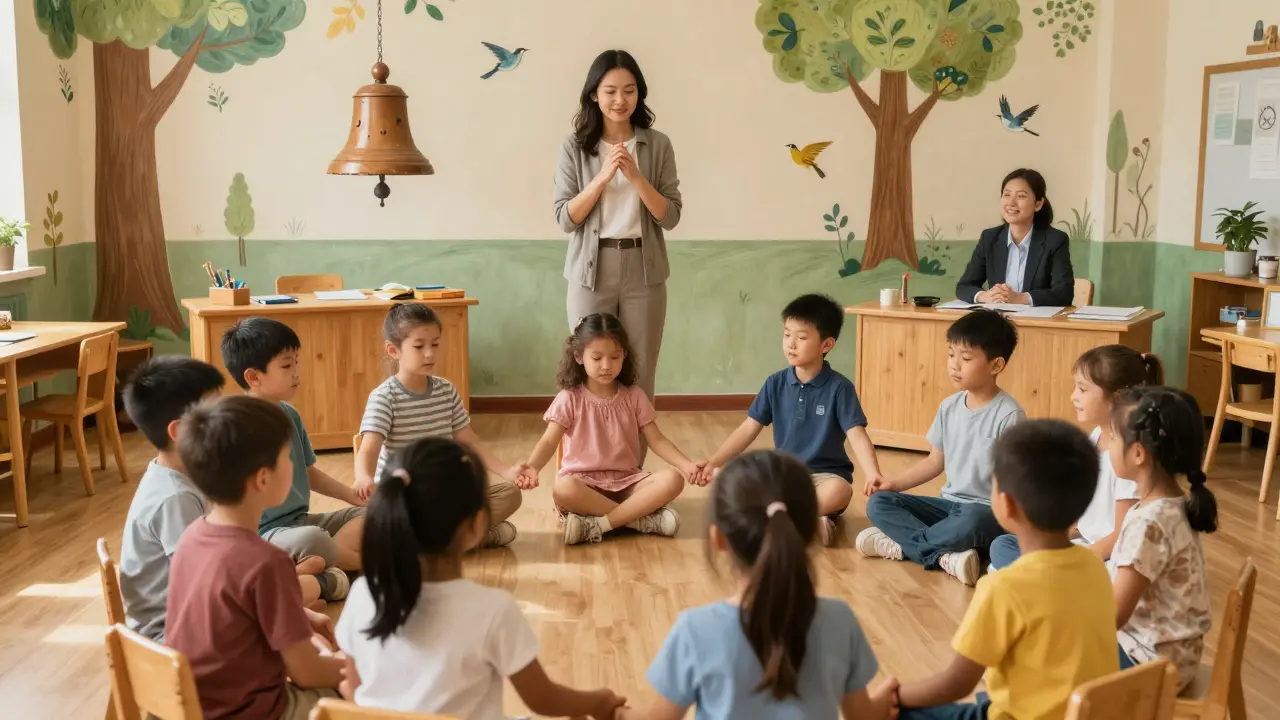 Děti v třídě dělají dýchací cvičení pod dohledem školního psychologa.