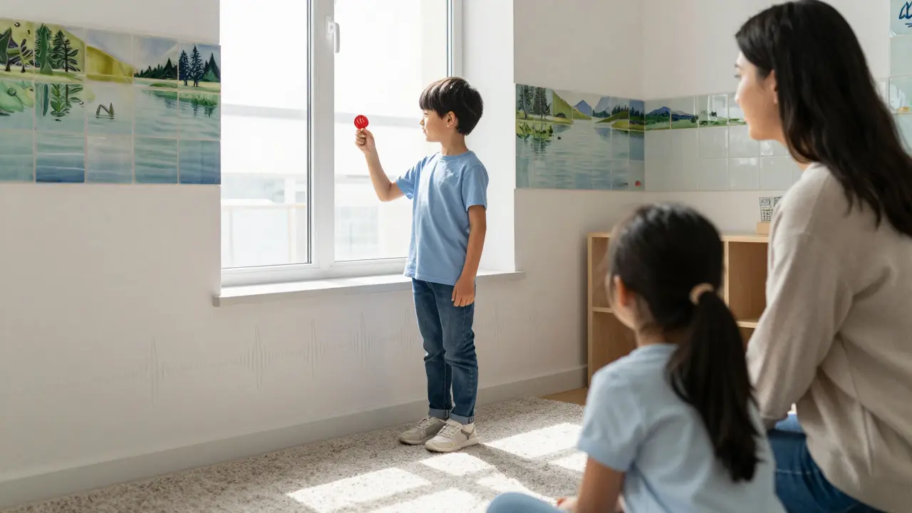 Dítě v třídě používá symbol pro pauzu, okolí je klidné a podporující.