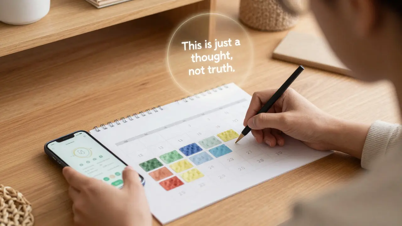 Dospělý s barevným kalendářem a mindfulness aplikací, myšlenka jako zářící kruh.