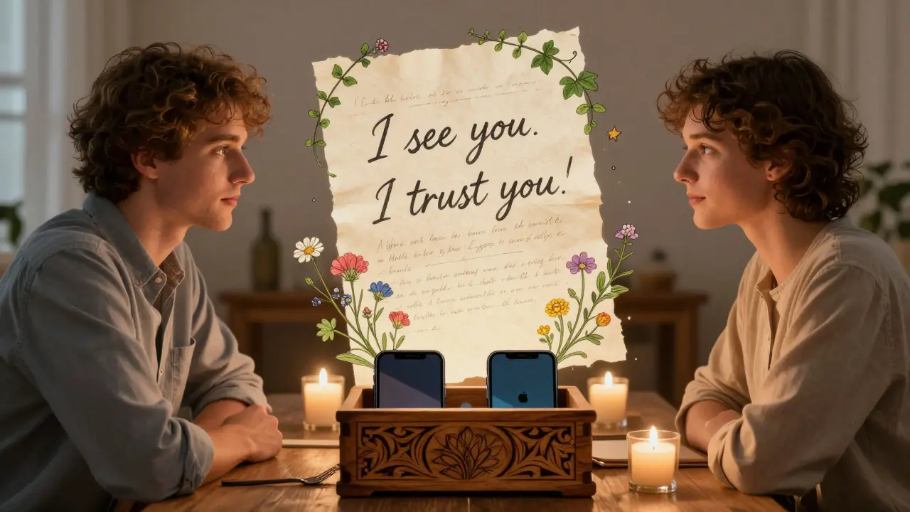 Dva lidé spolu hovoří, jejich telefony jsou v dřevěné krabici, mezi nimi plave smlouva důvěry.